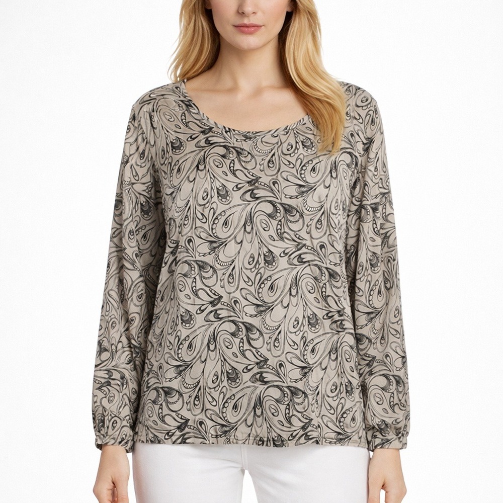 Austin Reed Women's Silk Blouse Size 14 Cream Black Swirl Pleated Long Sleeve